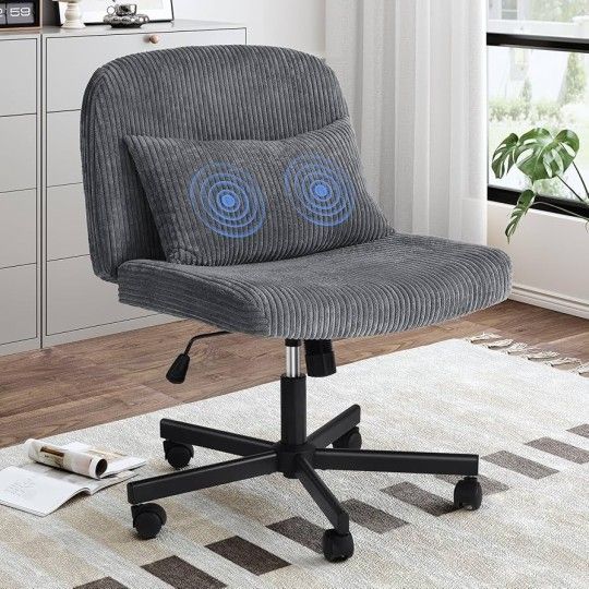 O838 Criss Cross Chair with Wheels, Corduroy Massage Cross Legged Office Chair with 2 Layers Sponge Cushion, Armless Vanity Wide Seat, Adjustable