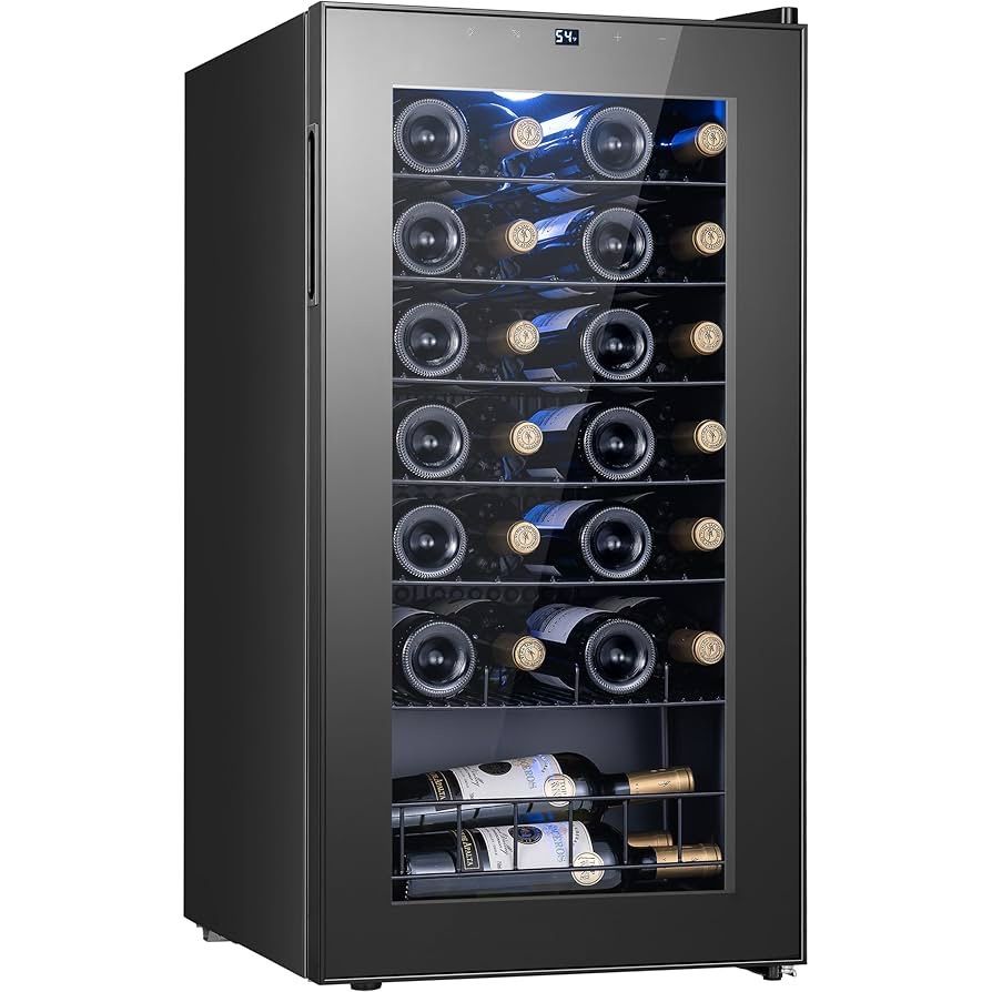 Yeego Wine Fridge, 28 Bottles Wine Cooler Refrigerator, 38-65℉ Freestanding Mini Fridge with Digital Temperature Control & Double-layer Glass Door & B