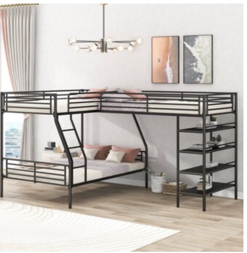 L shaped Triple Bunk Bed, Twin Bed Over Full Size Bunk Bed With Twin Loft Bed