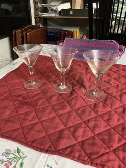 Set of 3 Etched Crystal Martini Glasses