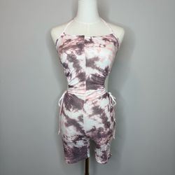 PrettyLittleThing Pink and Gray Tie-Dye Halter Romper