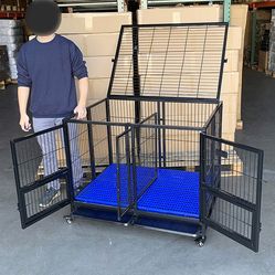 $190 (New in box) Folding heavy duty dog cage 41x31x34” double-door stackable kennel w/ divider, plastic tray