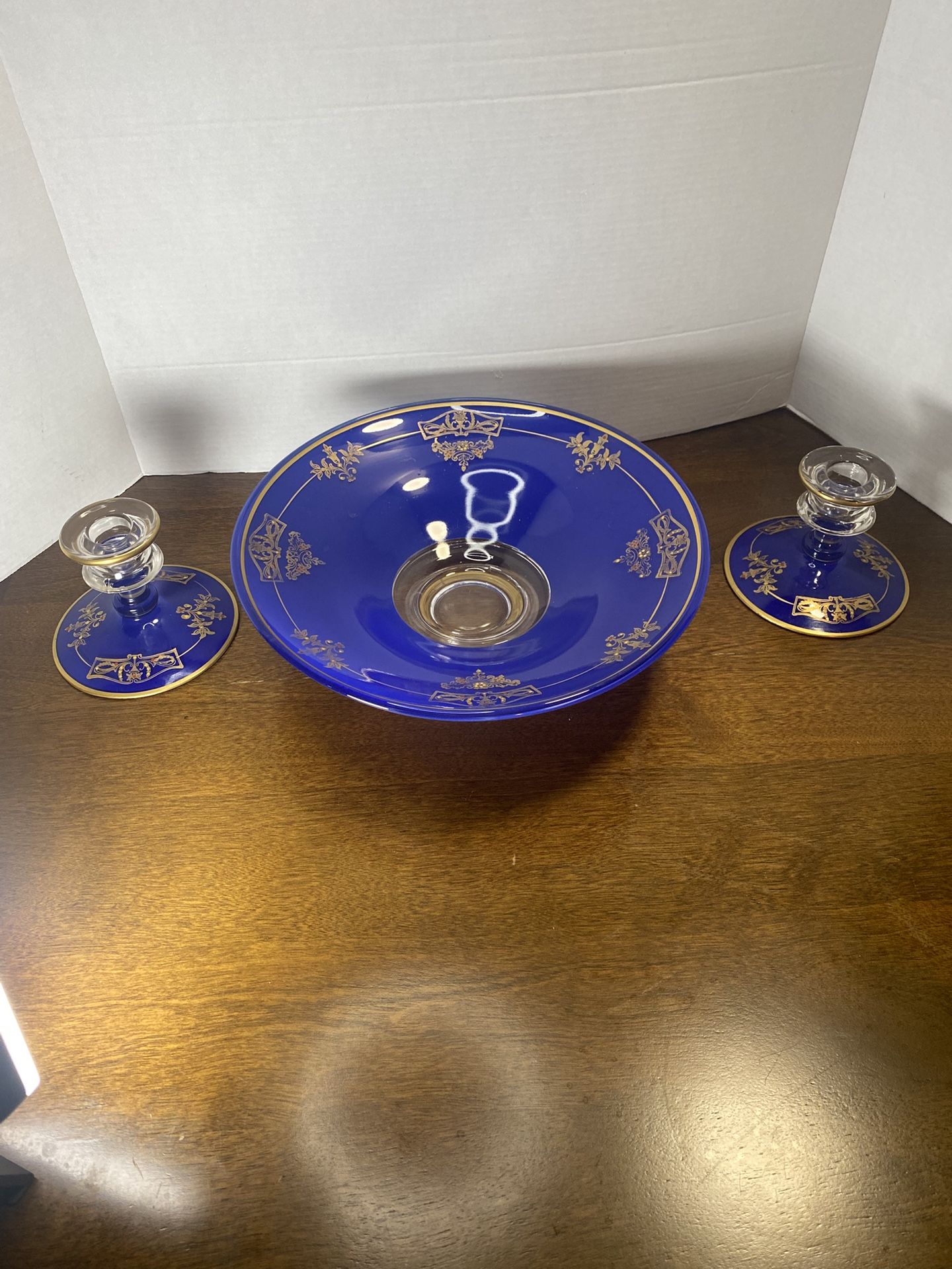 Vintage Cobalt Blue Glass With Gold Decorations Pedestal Bowl And Matching Candlesticks