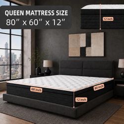 Queen Mattress, 12” Hybrid Memory Foam Mattress.