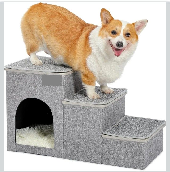 Cat Stairs Dog Ladder for Bed, Pet Step for Small Dogs and Cats, Dog Ramp for Couch Sofa with Toy Storage, Folding Puppy Stair Helper for High Beds,