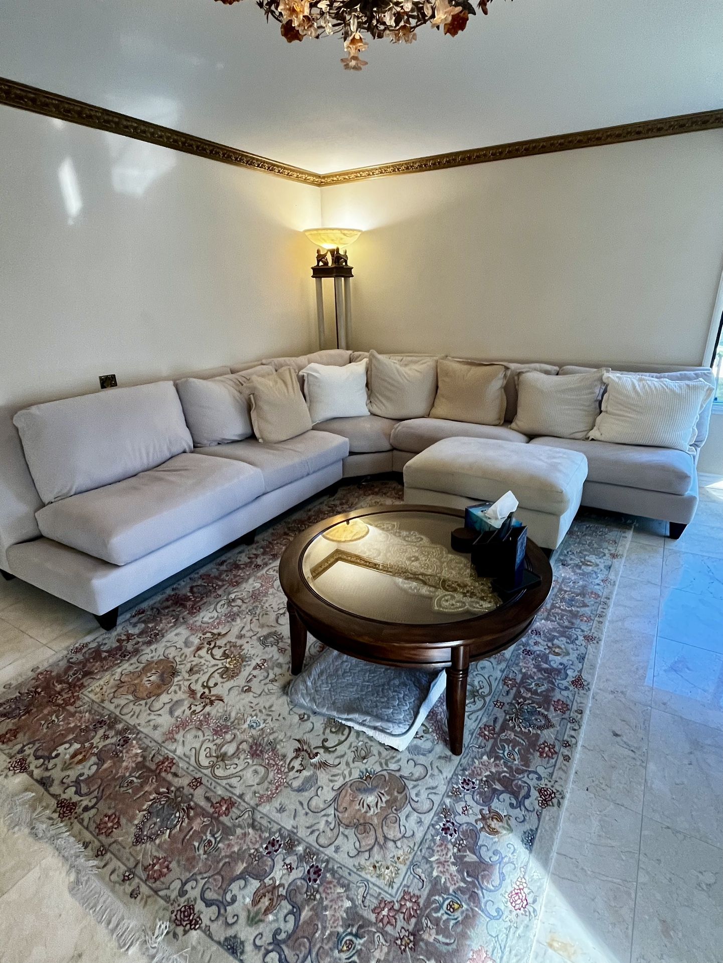 Suede Sectional Couch + Custom built In Pullout Bed + Ottoman