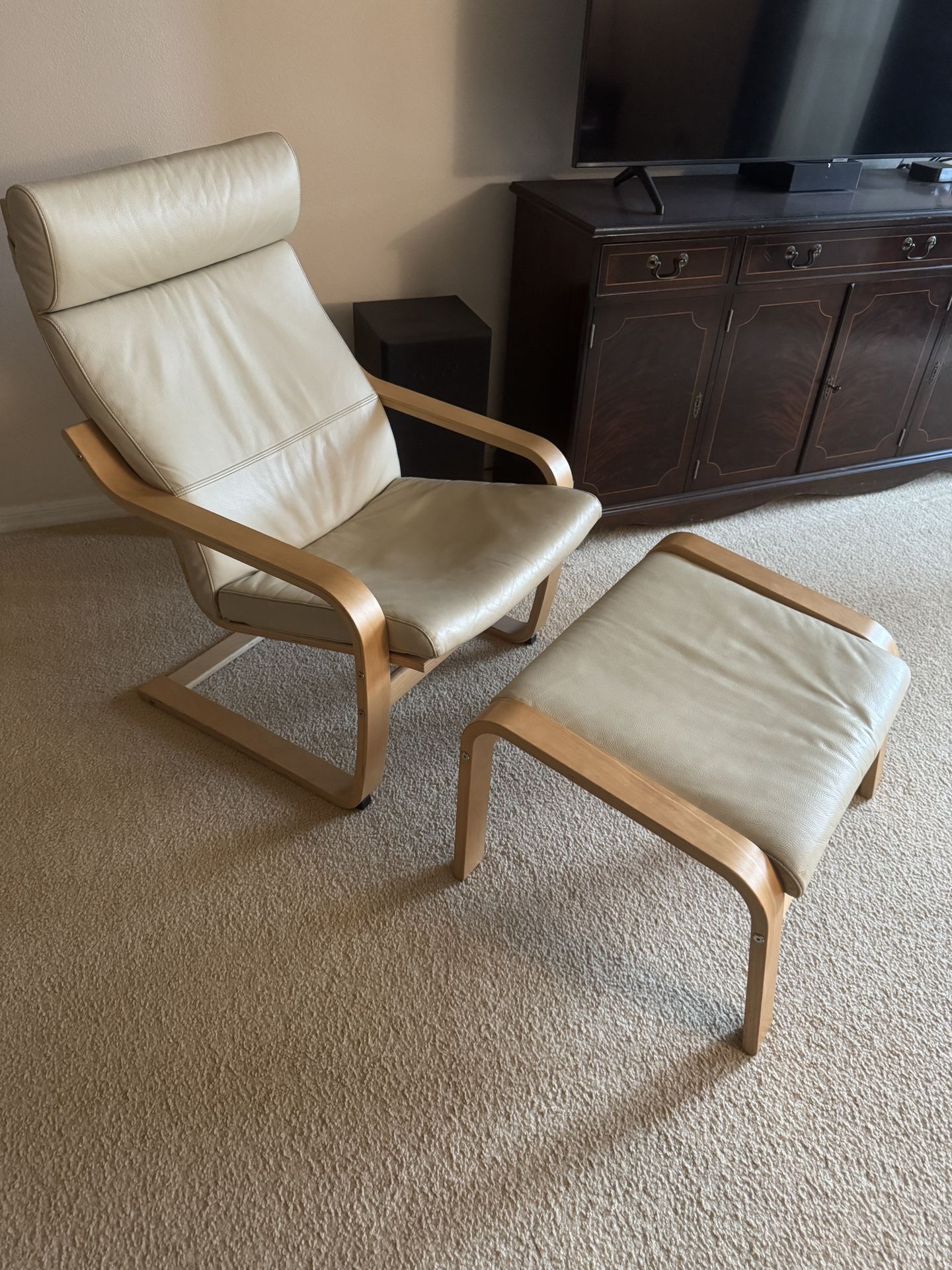 IKEA Poang Leather Chair and Ottoman