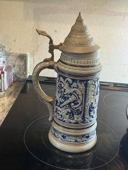 German Stoneware Beer Stein with Pewter Lid