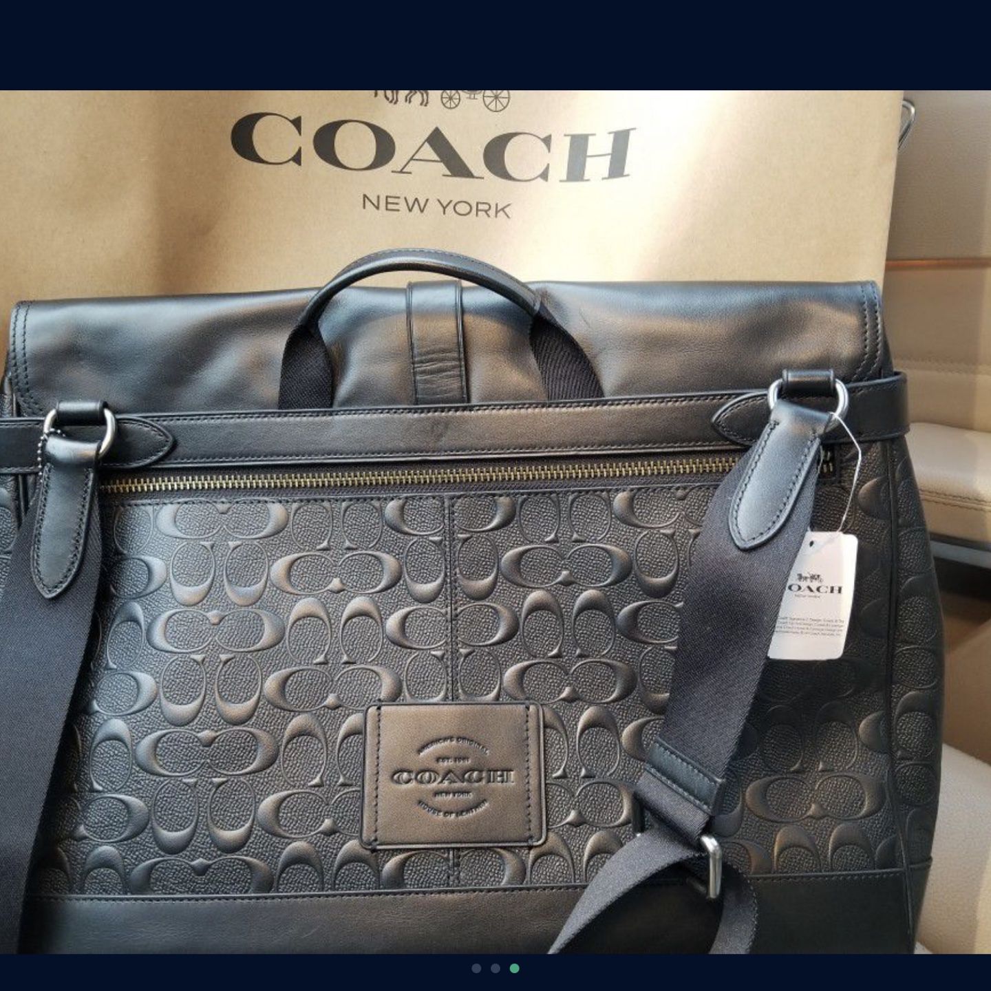 Authenic  Black Leather Coach Signature Embossed Messenger Bag 