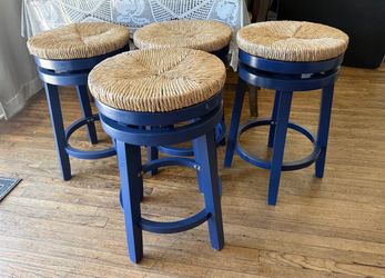Set of 4 Blue Wood Bar Stools with Rush Seats