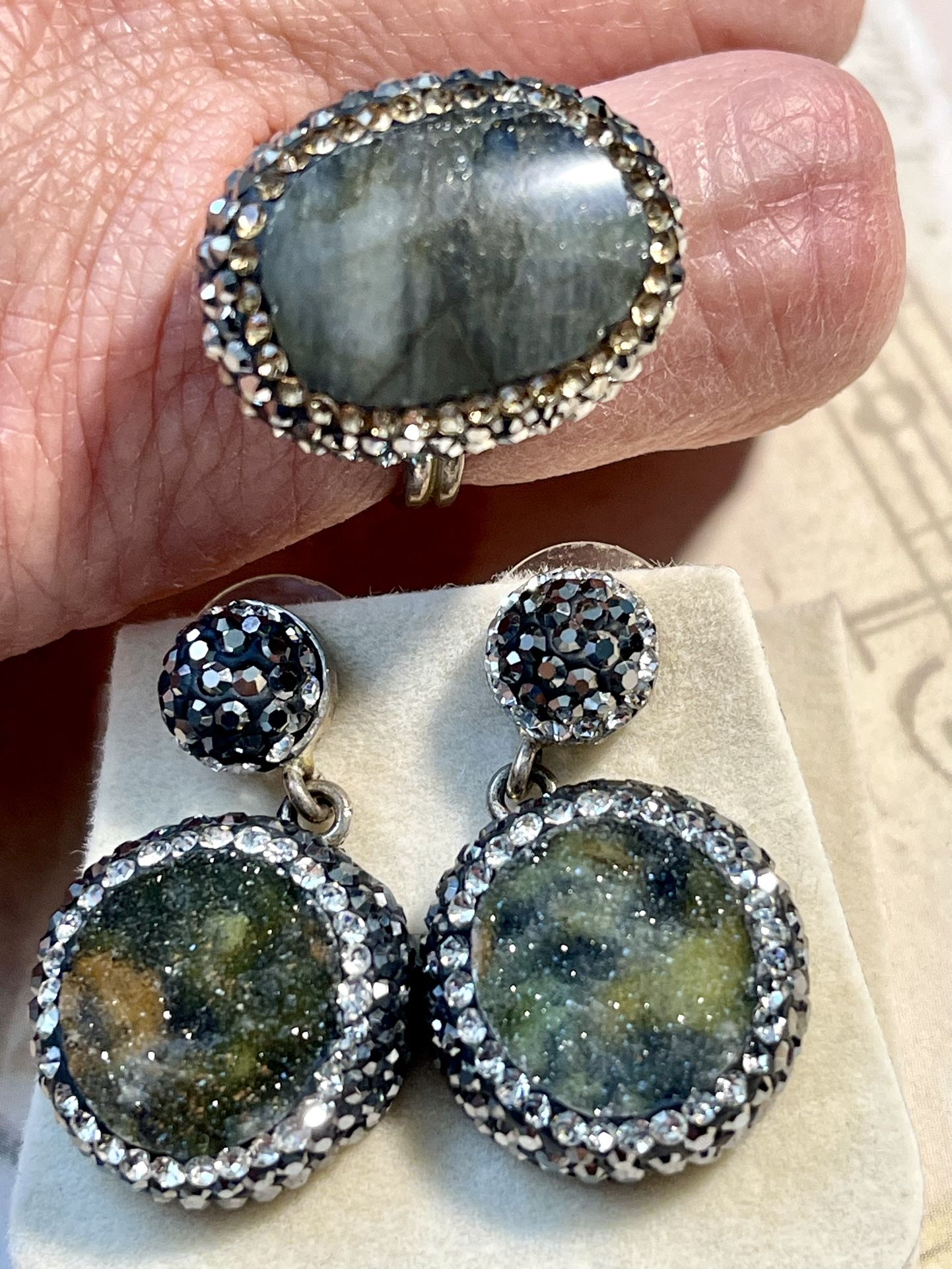 Sterling Silver Earrings And Ring Set With labradorite And Marcasite Crystals, Adjustable Size Ring, Size 7-8