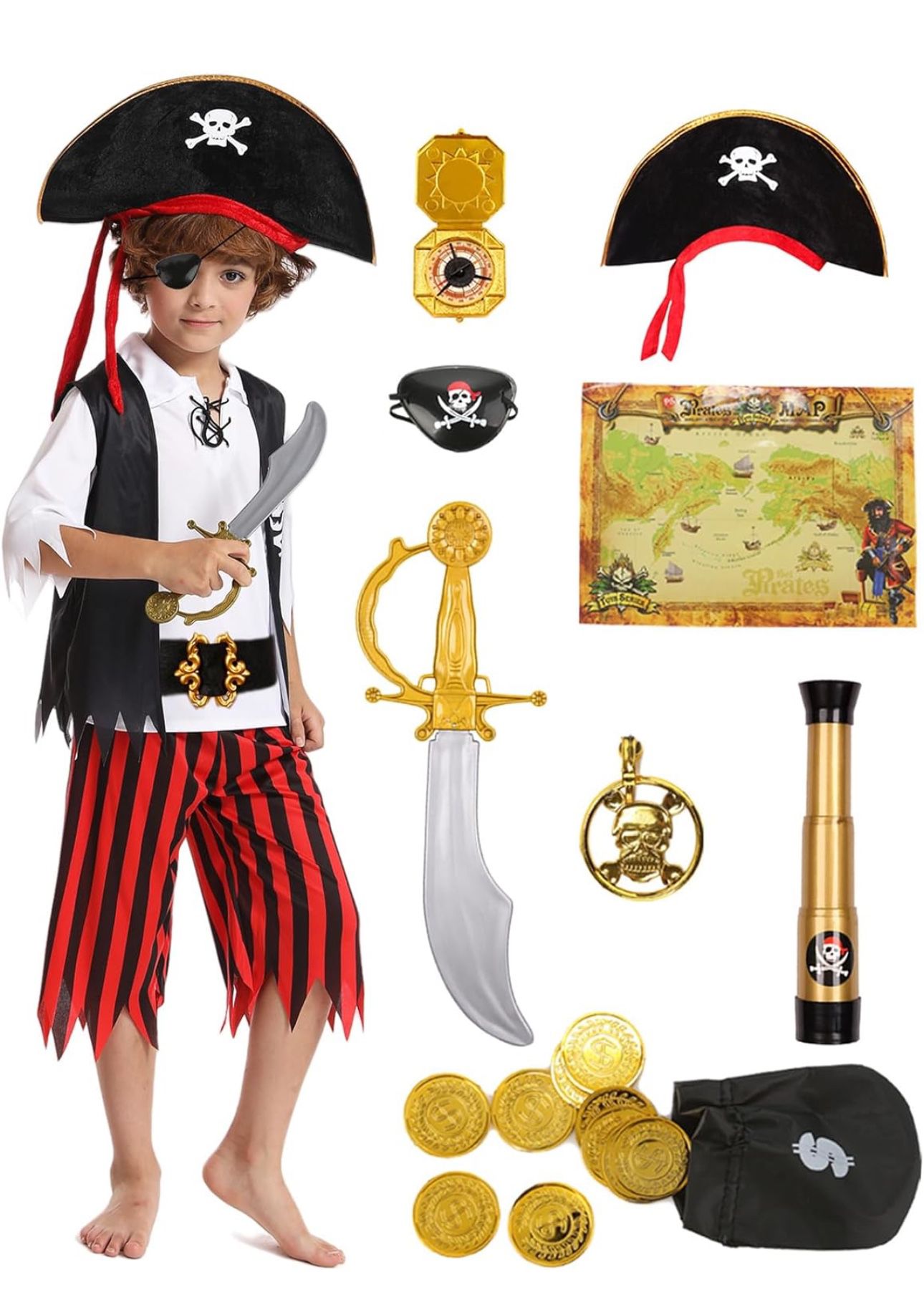 Boys Pirate Costume Kids Halloween Costume Cosplay Role Play with Deluxe Accessories Birthday Gifts