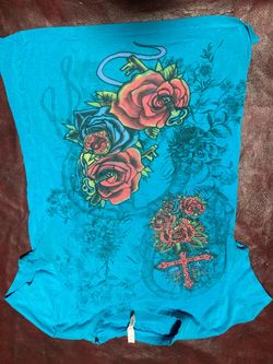 Teal Graphic Rose & Cross Strapless Top#L
