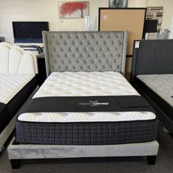 Queen Grey Velvet Platform Bed Frame 