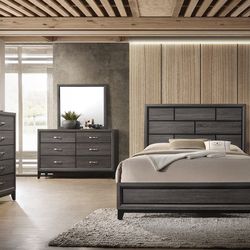 Gray Queen Bed, 1 Night Stand, Dresser And Mirror 