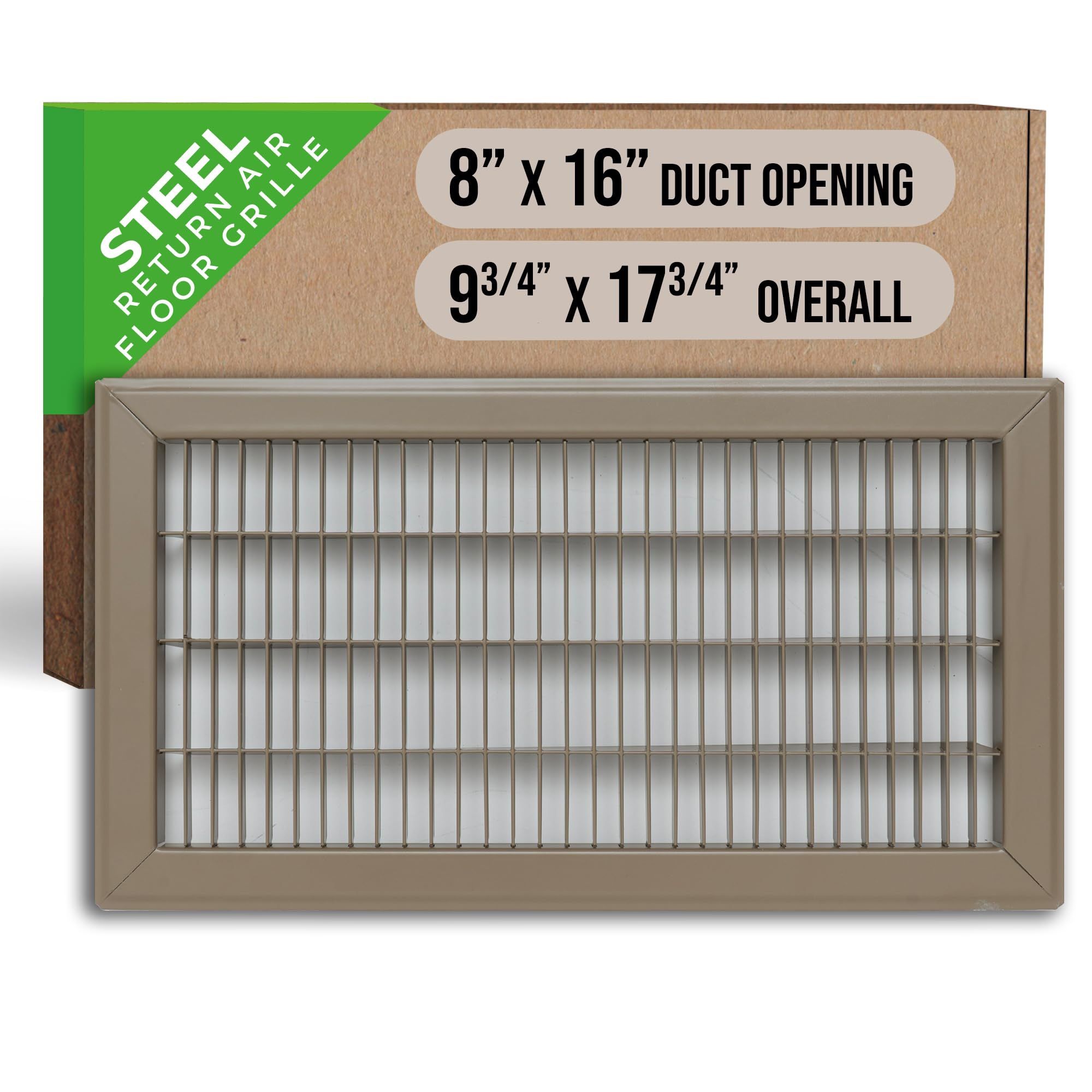 Return Air Floor Grille Fits 8x16 and 16x8 Duct Opening | Walkable Vent Cover Grill for Floor | Brown | Heavy Duty Fixed Blades | Outer Dimensions: 9.