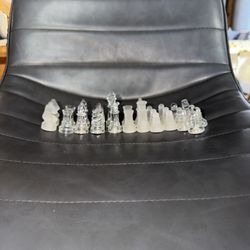 Glass Chess Set Pieces - Clear and Frosted Game 27 Pieces. One has a chip 