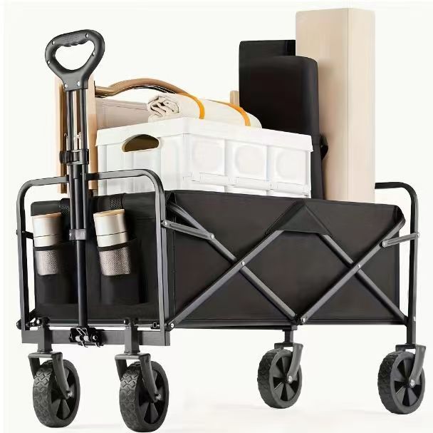 220LBS Collapsible Foldable Wagon Cart, Large Capacity Garden Beach Cart with All-Terrain Wheels, Heavy Duty Utility Grocery Wagon with Drink Holders