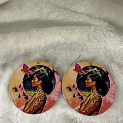 Natural Afro Hair Beautiful Strong Black Lady Painted With Tattoos Wood Earrings 