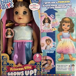 Baby Alive Princess Ellie Grows Up! Brown Hair, Interactive Doll with Accessories, Toys for 3+ Years Old Girls and Boys, 18-Inch