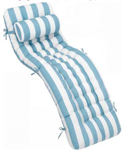Chaise Lounge Cushion with Headrest Pillow - 66x21x4" Waterproof & Fade-Resistant Blue and White