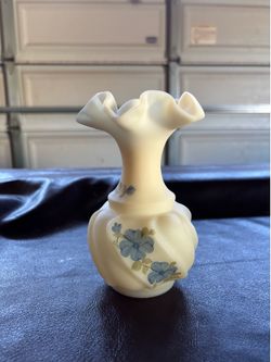 Fenton Art Glass Handpainted Custard Satin Crimpt Ruffled Flower Vase. Produced by Fenton and marked as shown. Handpainted by Pam