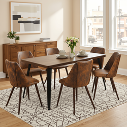 Homy Casa STAN+KALI 7PC Dining Set 63” Dark Brown Table with 6 Kali Suede Brown Chairs Walnut Metal Legs