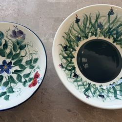 Beautiful Signed Gail Pittman hand-painted ceramic serving bowls with floral motifs