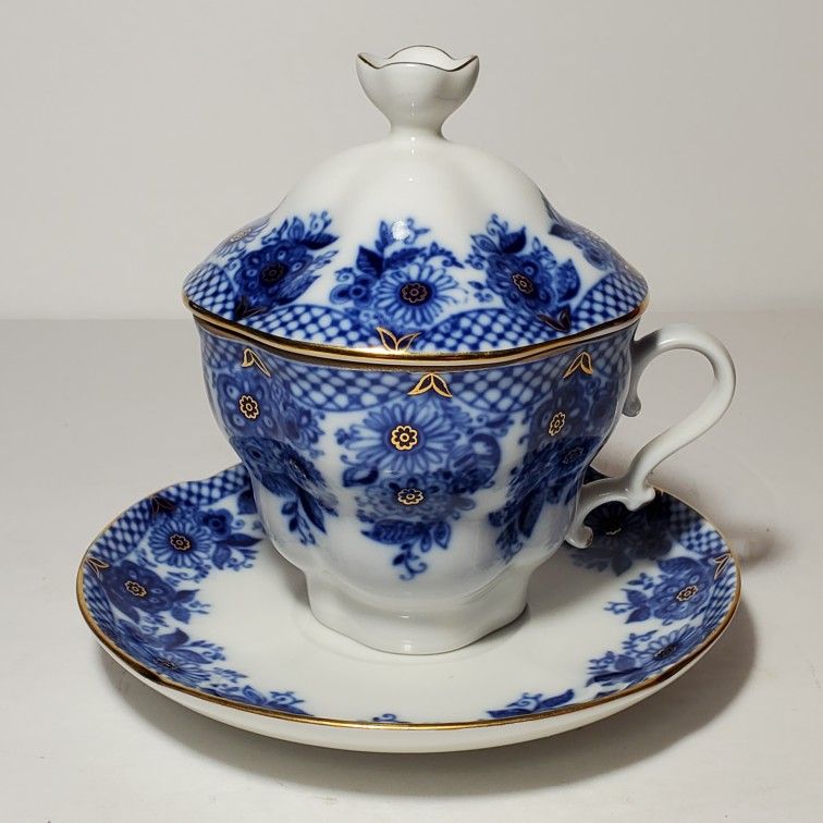 Lomonosov Teacup Saucer and Lid Blue Flowers Net