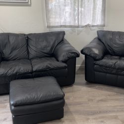 Leather Love Seat And Chair With Ottoman 
