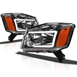 Alpha Owls (contact info removed) Crystal Headlights With White LED Light Bar - Chrome Amber Fits 2004-2015 Nissan Titan / 2004 2005-2007 Armada