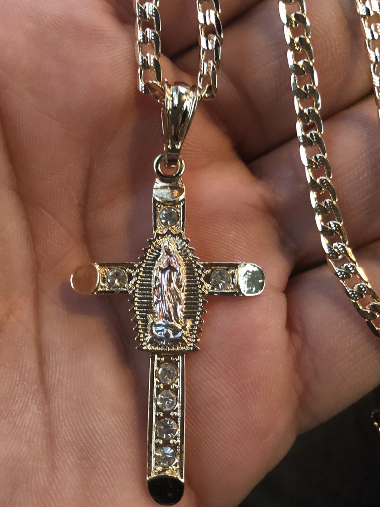 14kmgl(gold-filled not plated or stainless ) Mqry Cross pendant & 4mm 22” Inch Curb cuban link chain , includes warranty