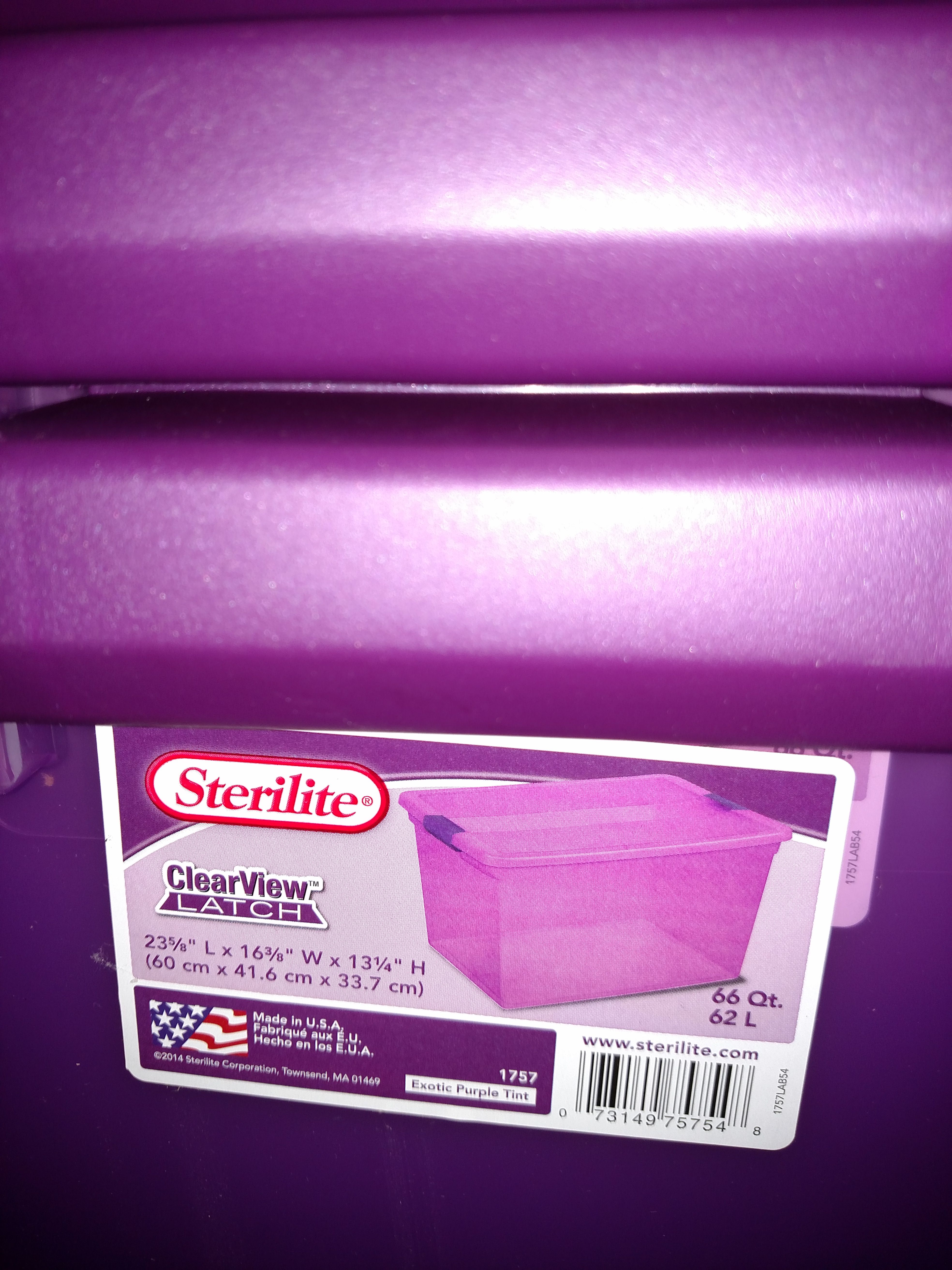 Sterilite 66 Qt./62 L Clearview Latch Box Clears, Purple Handles