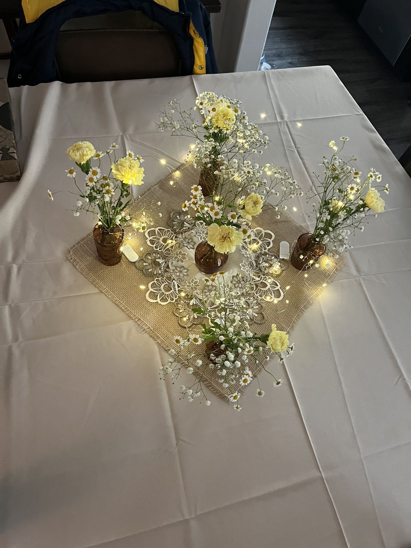 Wedding Table Decor - 12 Burlap Squares, 12 Embroidered Doilies & 1 Embroidered Table Top Runner