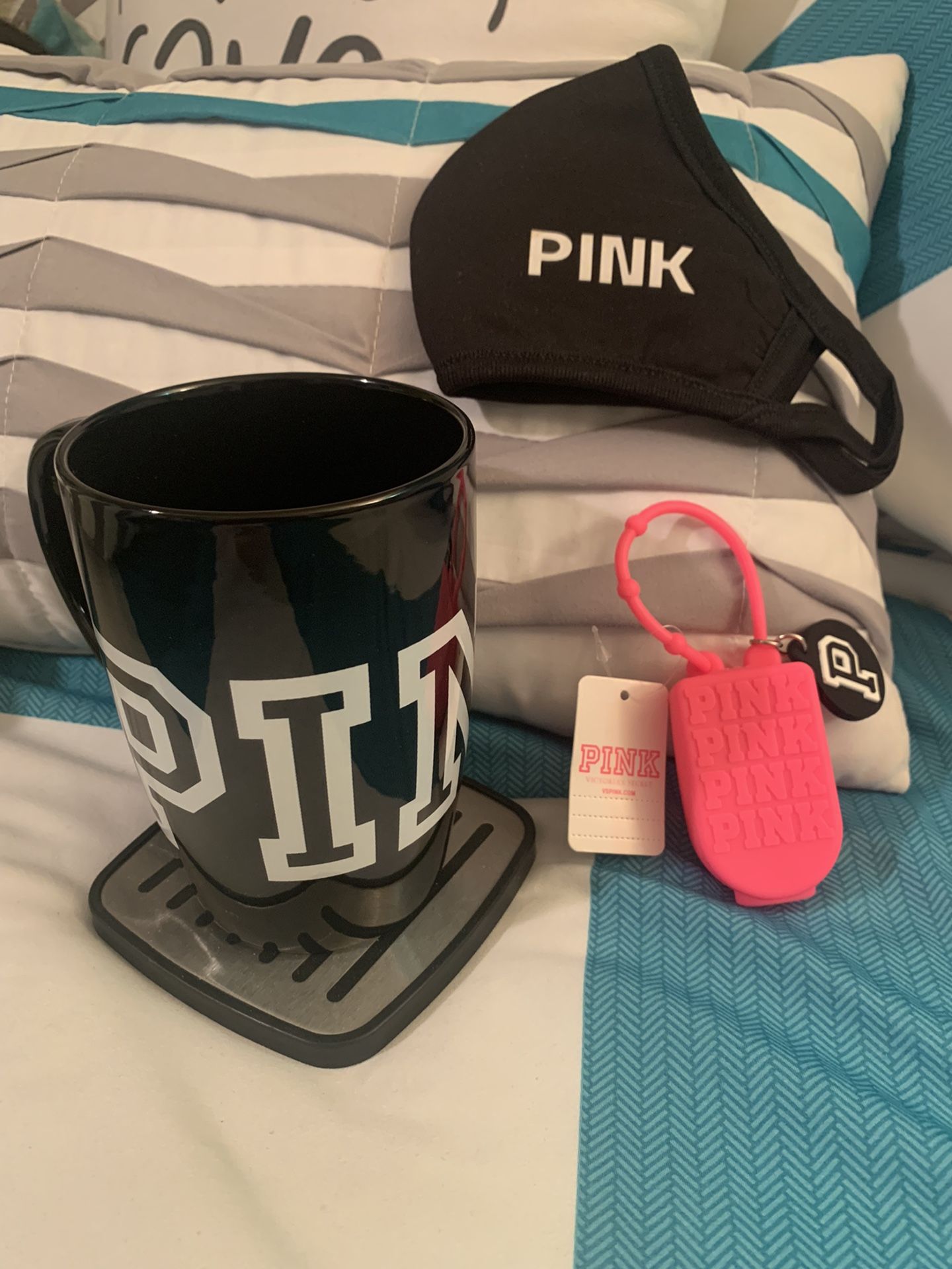 Pink Mug , Pink Face Mask And Hand Sanitizer Holder