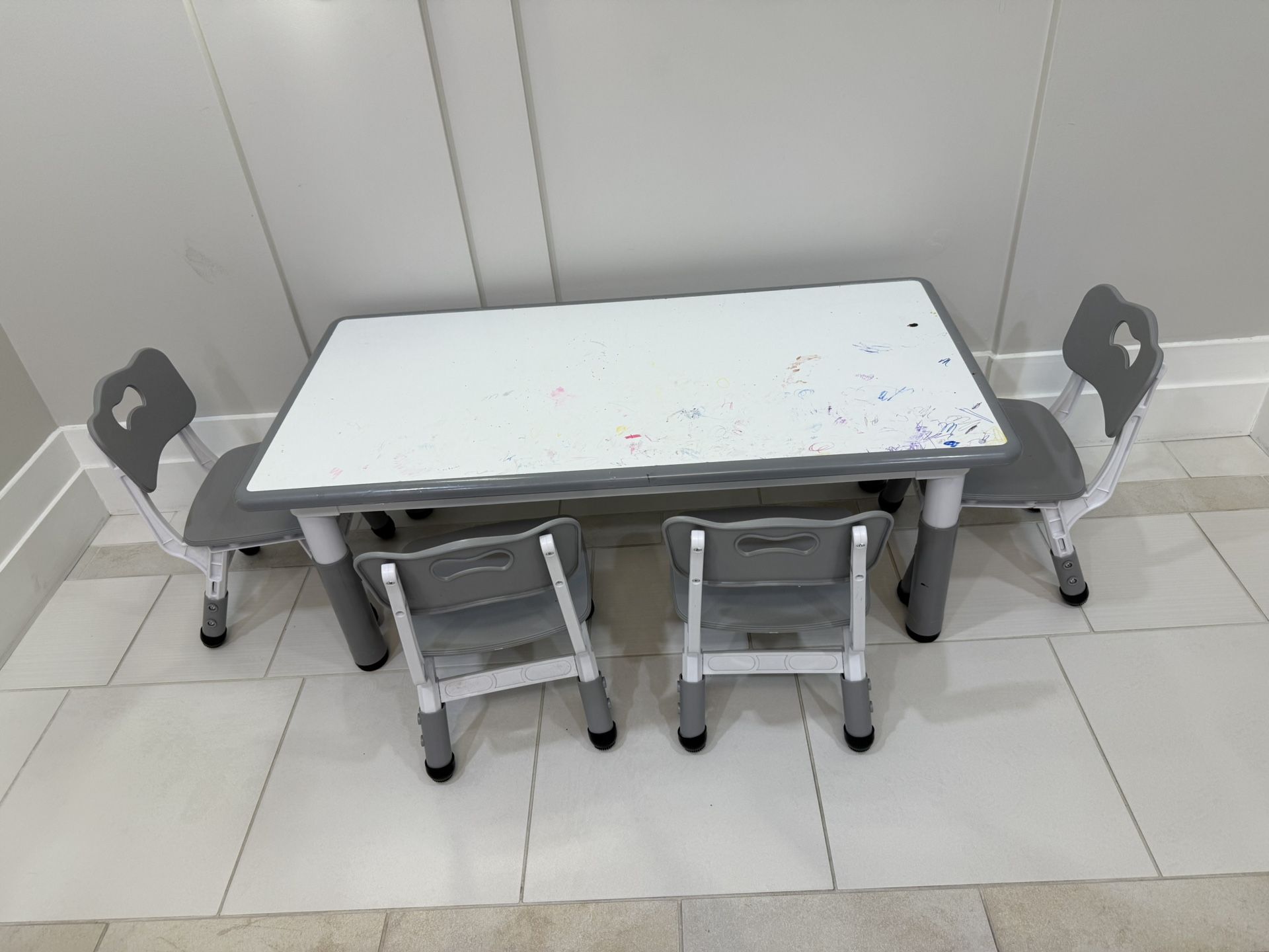 LAZY BUDDY Kids Table and 4 Chairs Set, Height Adjustable Toddler Desk with Graffiti Desktop