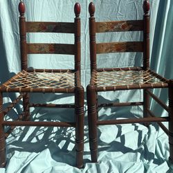 2 Antique Scandinavian Painted Folk Art Ladder Back Chairs w/ Hyde seats