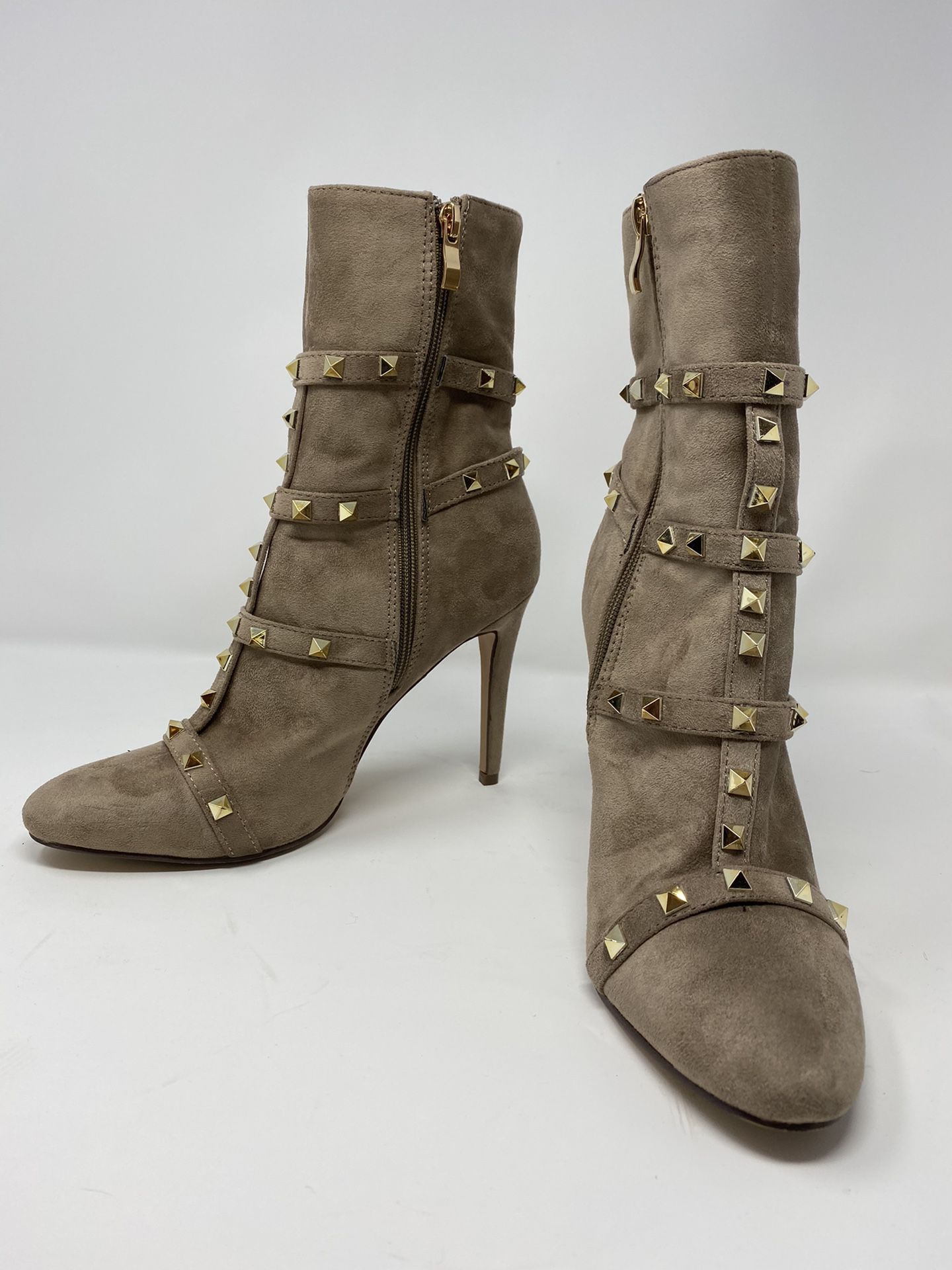 NUDE SUEDE GOLD STUDDED MID-CALF BOOTS 4”
