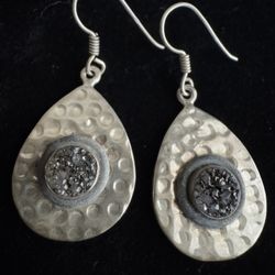 Sterling Silver ~7.5mm Drusy Quartz Textured Pattern Teardrop Earrings 1 1/2"