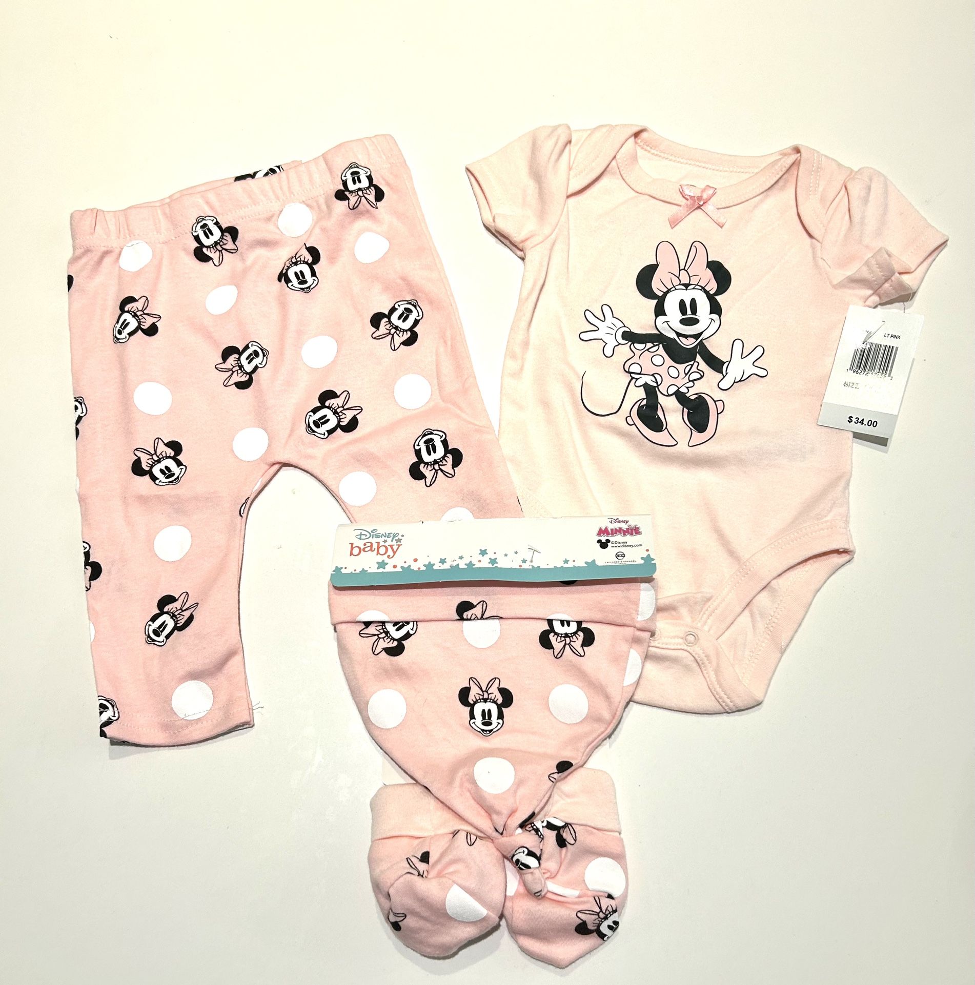 New! Disney Baby 4 Piece Set Minnie Mouse 6-9 Mo Hat, Booties, Shirt, Pants Pink