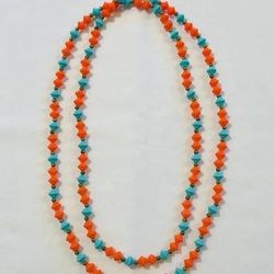 Vintage 1960s plastic beads necklace coral orange and turquoise blue 51” long 