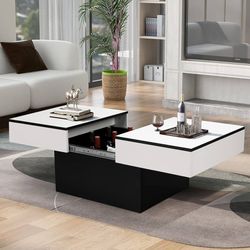 Modern Coffee Table, Extendable Center Table, Living Room Table with 2 Storage Spaces, High Gloss Finish, 50.8 x 22.8 x 15.7 inch, White