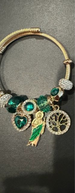 Gold Charm Bracelet with Green Stones