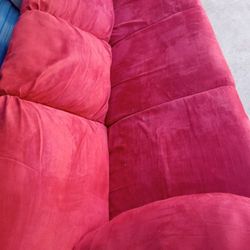 Red Sofa Couch Plush Comfortable Velvety Velor Cloth Fabric