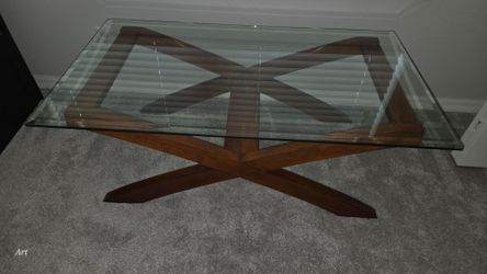 Glass Top Coffee Table with Wood X-Base
