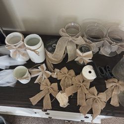Wedding Mason Jars, Burlap, Twine, Tule With Bows, & Fairy Lights