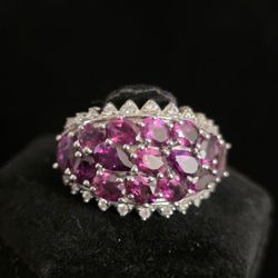 Radiant Ember Garnet, White Zircon Tiara Ring, Size 6