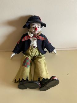 Porcelain Musical Hobo Clown Doll 18”