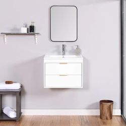 24" floating wall mounted bathroom vanity with white ceramic sink and drawer storage W1(contact info removed)16