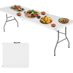 6FT Folding Table, Portable Fold-in-Half Plastic Picnic Party Table with Carrying Handle (White